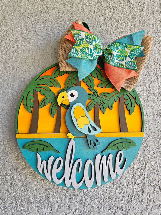 Welcome sign with Parrot and Palm Trees