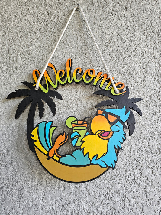 Welcome Parrot in Hammock small sign